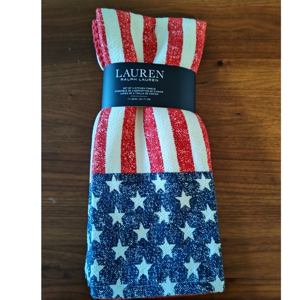 Lauren Ralph Lauren 3PK Kitchen Towels American Flag Stars Stripes Red Cotton